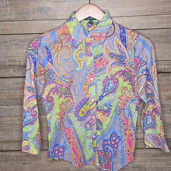 Lauren Ralph Lauren Petite Paisley Print 3/4 Sleeve Button Up Shirt Women's PXS - Picture 2 of 7